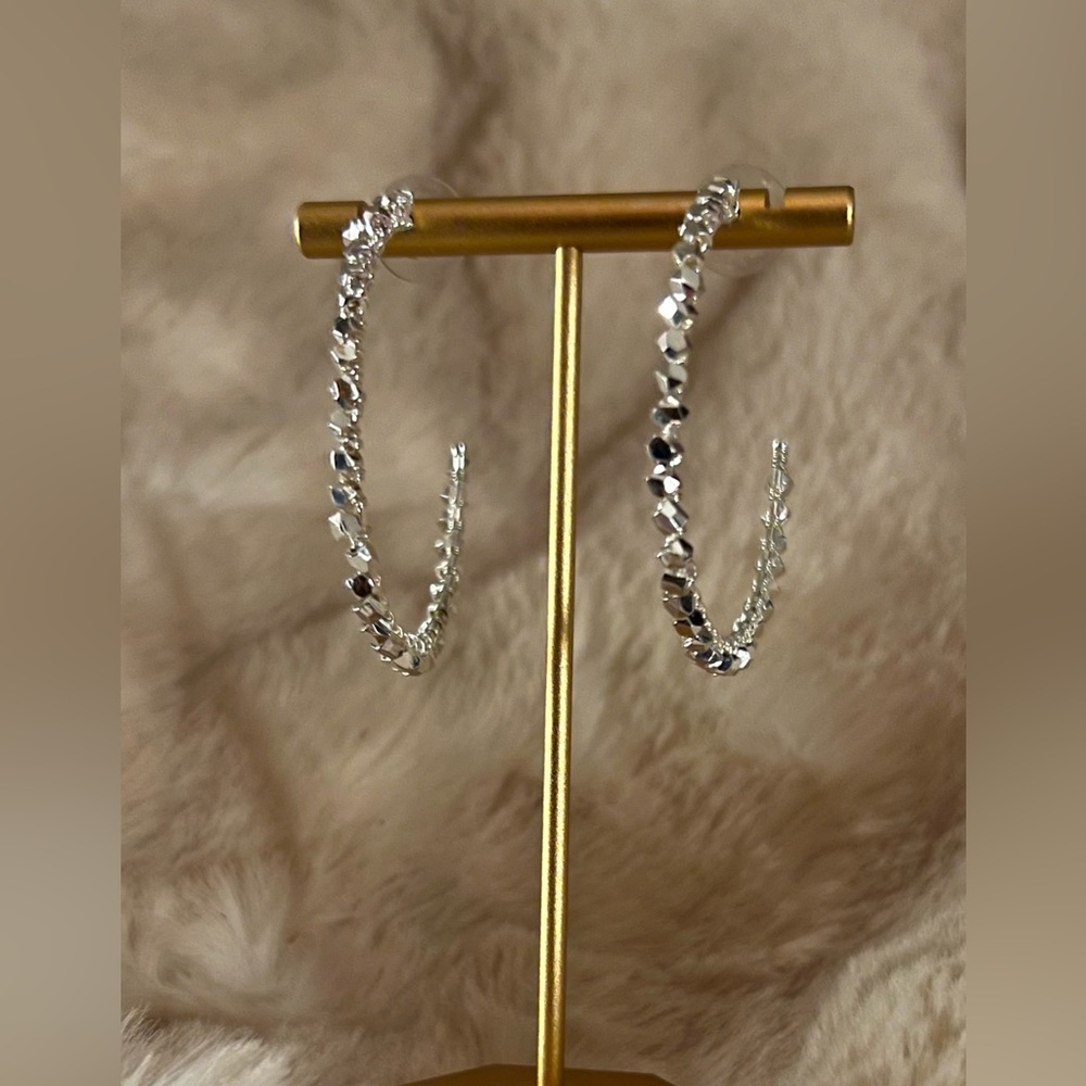 Silver-Tone Stone Hoop Earrings